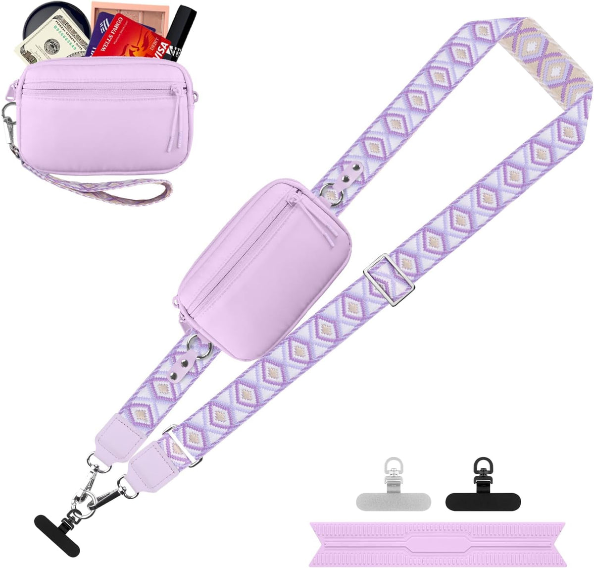 Clip and Go Strap for Phone with Wallet Crossbody, Adjustable Phone Lanyard with Detachable RFID Wristlet Wallet, Universal Phone Strap with 360° Rotatable Phone Tabs for All Phones (Black)