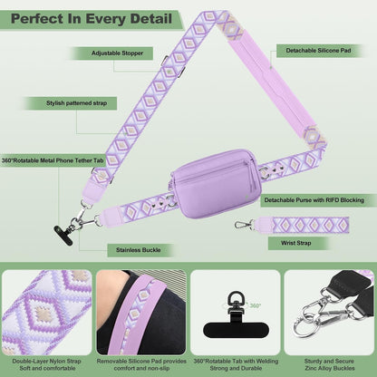Clip and Go Strap for Phone with Wallet Crossbody, Adjustable Phone Lanyard with Detachable RFID Wristlet Wallet, Universal Phone Strap with 360° Rotatable Phone Tabs for All Phones (Black)