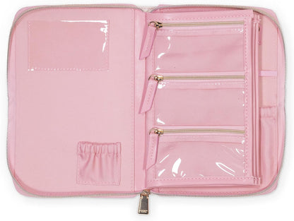 Travel Jewelry Folio, Goddess Stripe | 8.5" x 6" Organizer with Zippered Pockets, Tabs & Tracker Pocket, Pink Leatherette Case for Earrings, Necklaces, & Bracelets