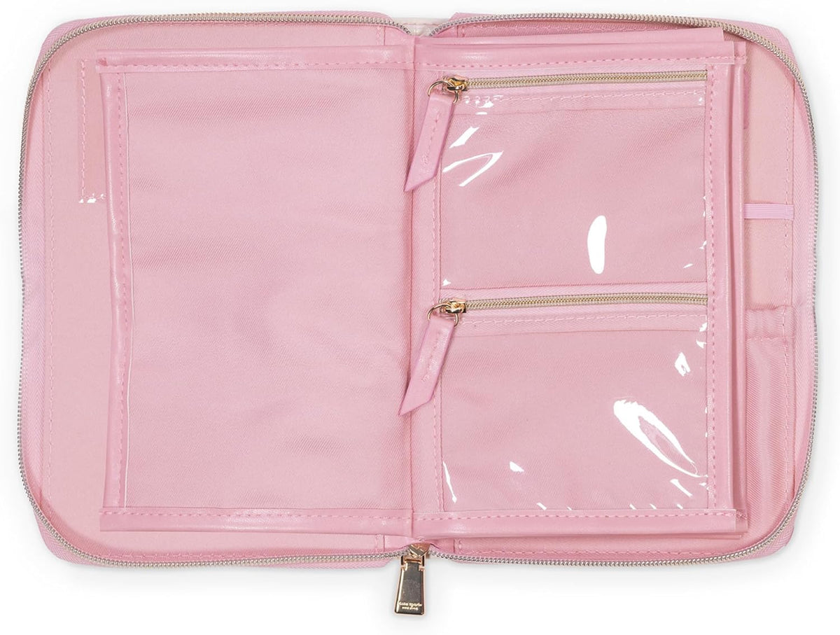 Travel Jewelry Folio, Goddess Stripe | 8.5" x 6" Organizer with Zippered Pockets, Tabs & Tracker Pocket, Pink Leatherette Case for Earrings, Necklaces, & Bracelets