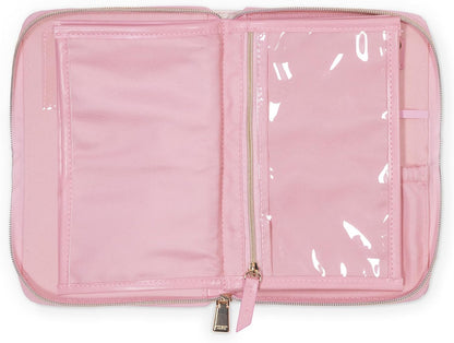 Travel Jewelry Folio, Goddess Stripe | 8.5" x 6" Organizer with Zippered Pockets, Tabs & Tracker Pocket, Pink Leatherette Case for Earrings, Necklaces, & Bracelets