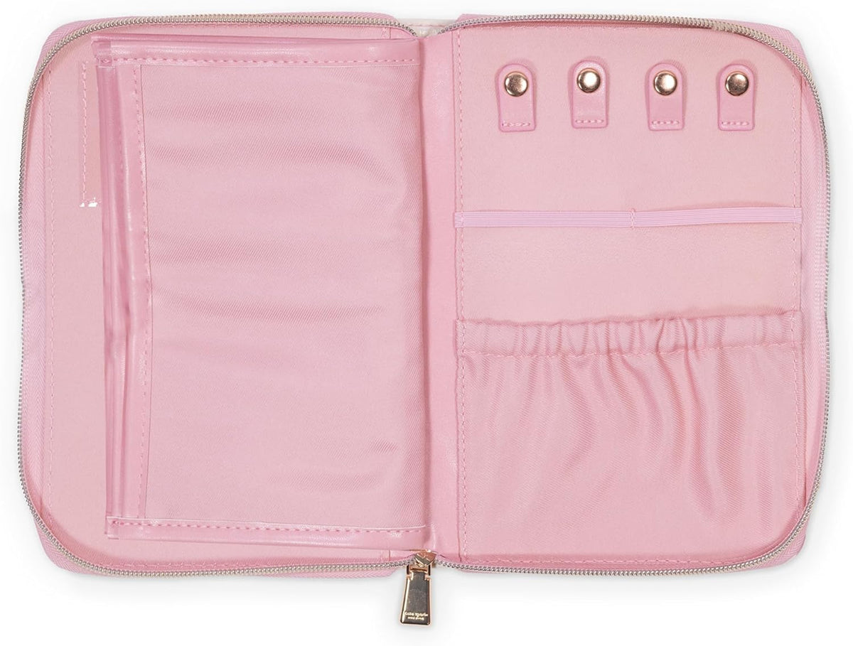 Travel Jewelry Folio, Goddess Stripe | 8.5" x 6" Organizer with Zippered Pockets, Tabs & Tracker Pocket, Pink Leatherette Case for Earrings, Necklaces, & Bracelets