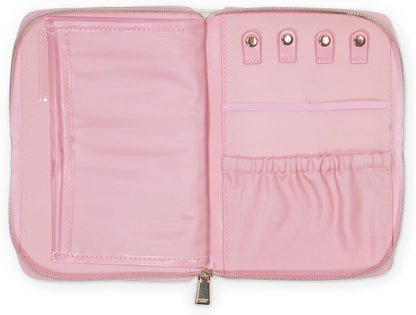 Travel Jewelry Folio, Goddess Stripe | 8.5" x 6" Organizer with Zippered Pockets, Tabs & Tracker Pocket, Pink Leatherette Case for Earrings, Necklaces, & Bracelets