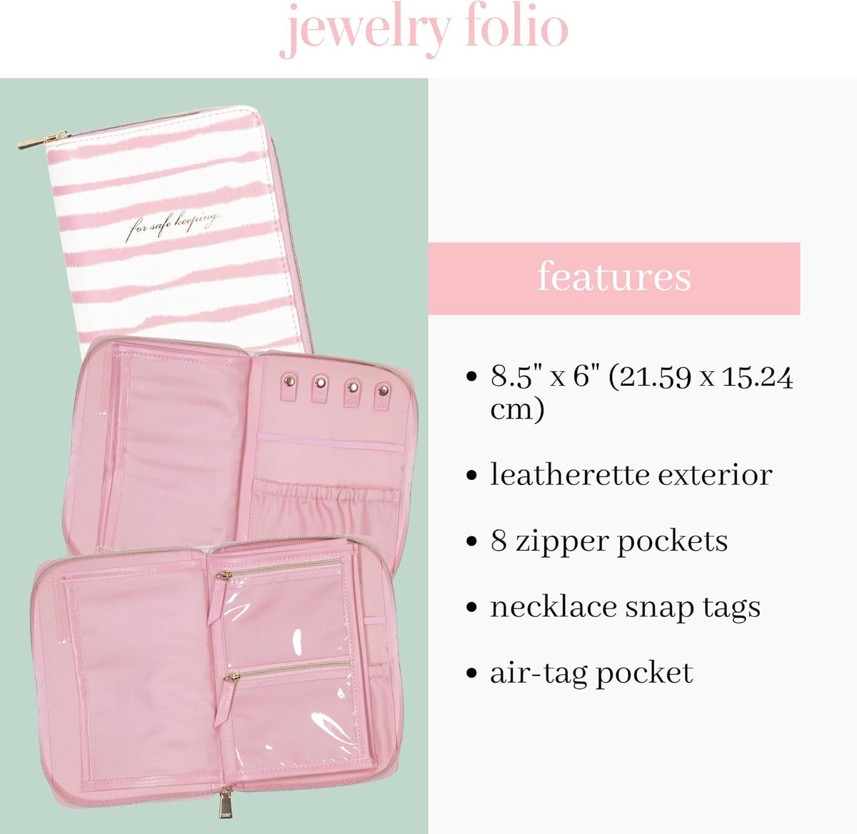 Travel Jewelry Folio, Goddess Stripe | 8.5" x 6" Organizer with Zippered Pockets, Tabs & Tracker Pocket, Pink Leatherette Case for Earrings, Necklaces, & Bracelets