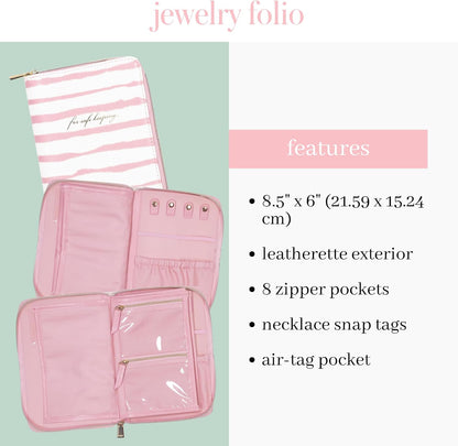 Travel Jewelry Folio, Goddess Stripe | 8.5" x 6" Organizer with Zippered Pockets, Tabs & Tracker Pocket, Pink Leatherette Case for Earrings, Necklaces, & Bracelets