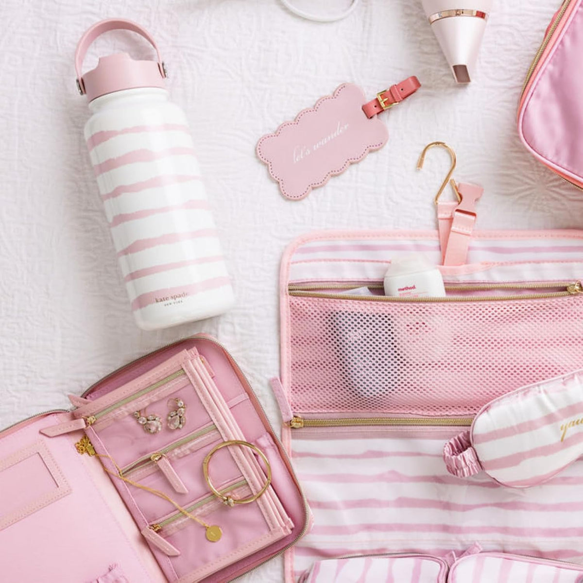 Travel Jewelry Folio, Goddess Stripe | 8.5" x 6" Organizer with Zippered Pockets, Tabs & Tracker Pocket, Pink Leatherette Case for Earrings, Necklaces, & Bracelets