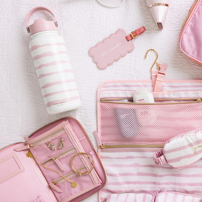 Travel Jewelry Folio, Goddess Stripe | 8.5" x 6" Organizer with Zippered Pockets, Tabs & Tracker Pocket, Pink Leatherette Case for Earrings, Necklaces, & Bracelets