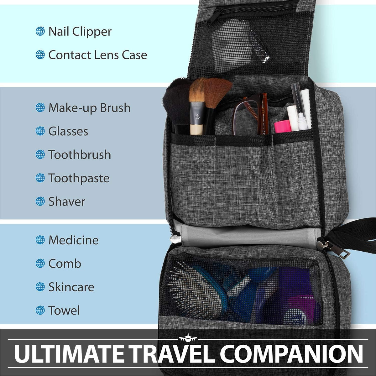 Hanging Travel Toiletry Bag, Compact Travel Organizer | Water-resistant nylon, multiple pockets for toiletries/makeup, lightweight, ideal for men/women, shower and travel use.