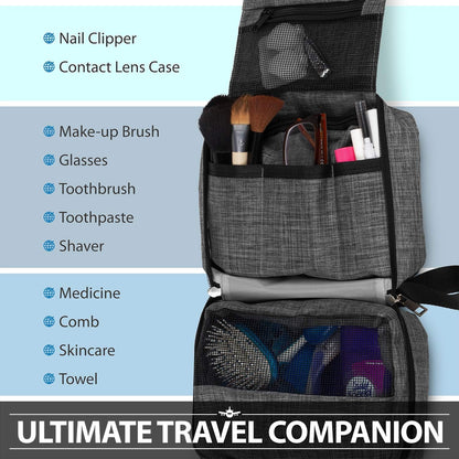 Hanging Travel Toiletry Bag, Compact Travel Organizer | Water-resistant nylon, multiple pockets for toiletries/makeup, lightweight, ideal for men/women, shower and travel use.