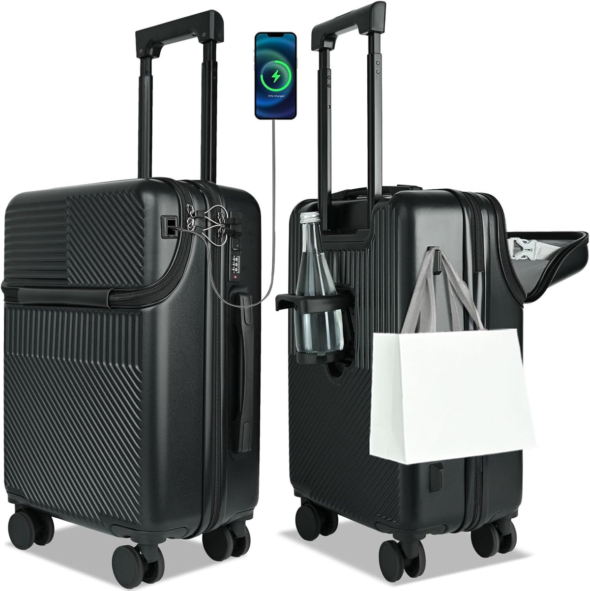 Carry on Luggage Airline Approved, Carry-on Luggage for The Business Trip with Front Pocket, 20 inch Hardshell PC Carry on Suitcases with Wheels, Combination Lock, USB Port and Cup Holder