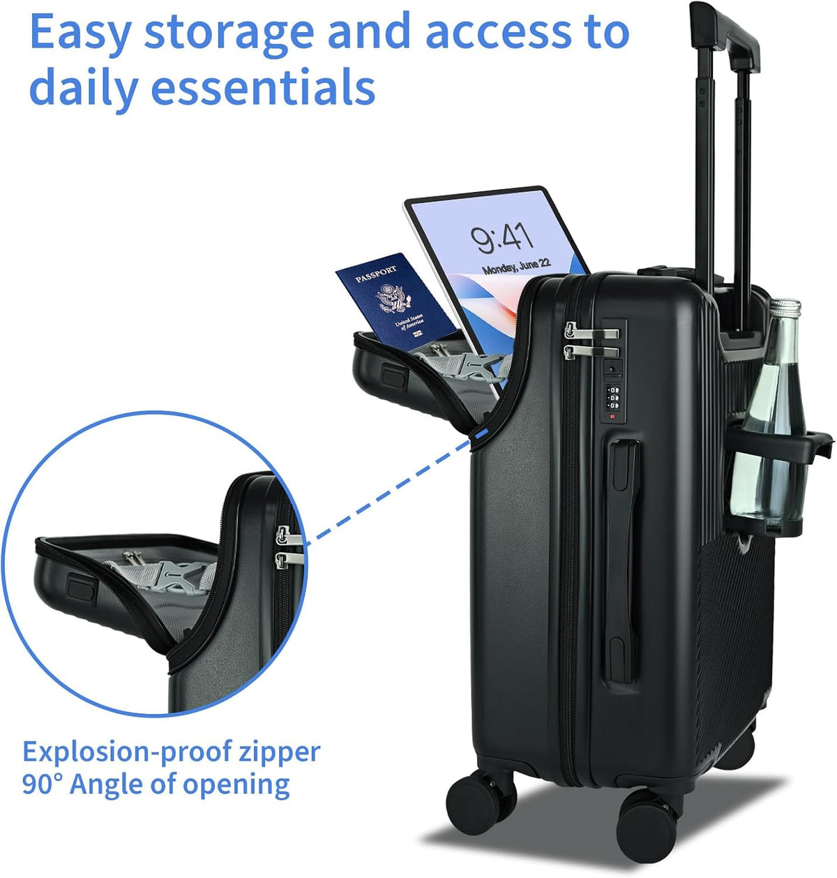 Carry on Luggage Airline Approved, Carry-on Luggage for The Business Trip with Front Pocket, 20 inch Hardshell PC Carry on Suitcases with Wheels, Combination Lock, USB Port and Cup Holder