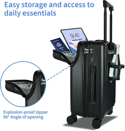 Carry on Luggage Airline Approved, Carry-on Luggage for The Business Trip with Front Pocket, 20 inch Hardshell PC Carry on Suitcases with Wheels, Combination Lock, USB Port and Cup Holder