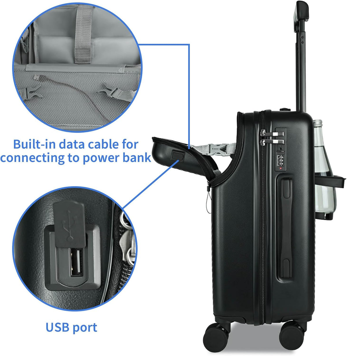 Carry on Luggage Airline Approved, Carry-on Luggage for The Business Trip with Front Pocket, 20 inch Hardshell PC Carry on Suitcases with Wheels, Combination Lock, USB Port and Cup Holder