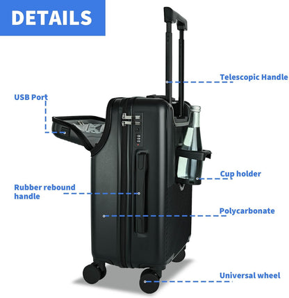 Carry on Luggage Airline Approved, Carry-on Luggage for The Business Trip with Front Pocket, 20 inch Hardshell PC Carry on Suitcases with Wheels, Combination Lock, USB Port and Cup Holder
