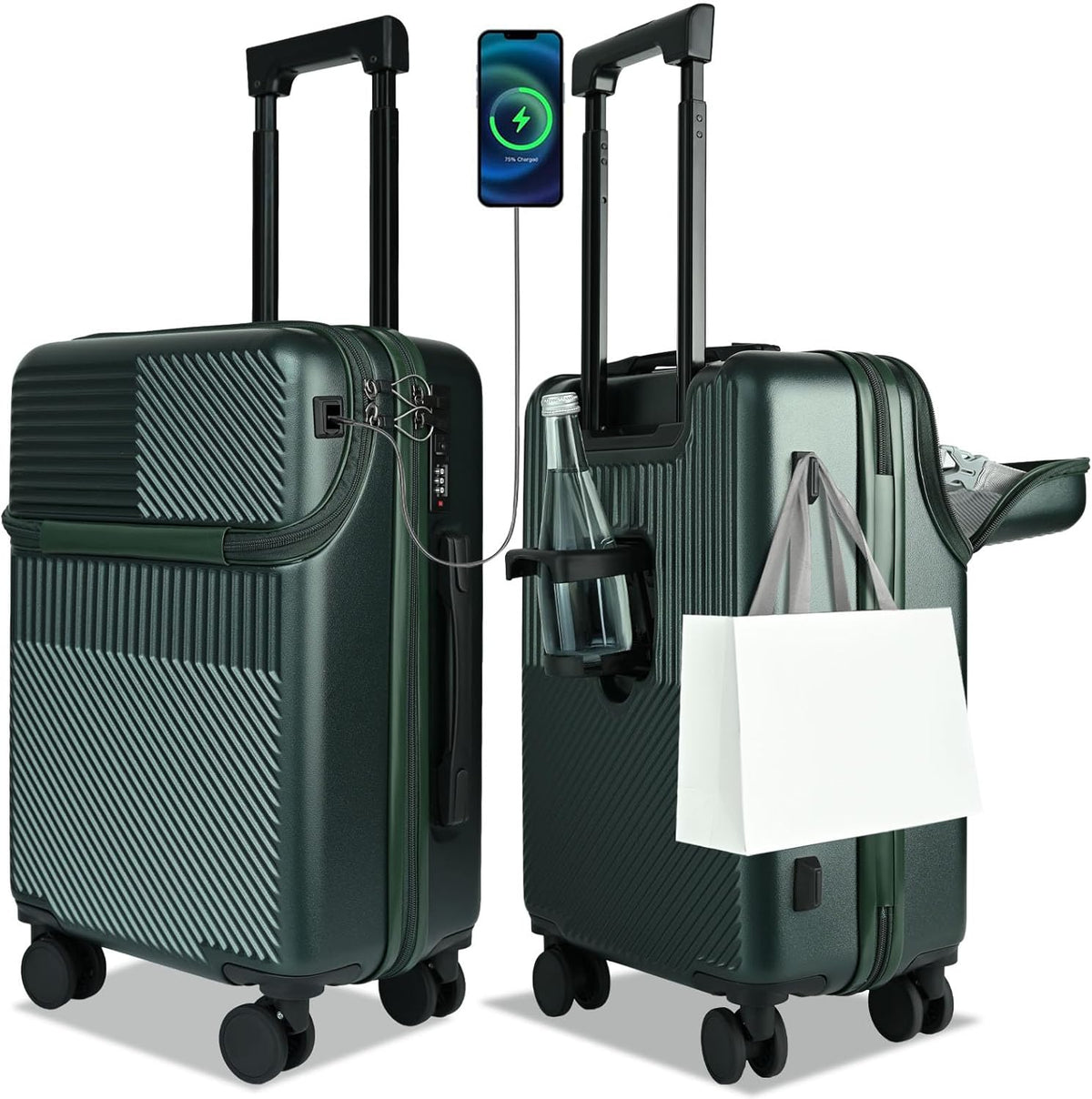 Carry on Luggage Airline Approved, Carry-on Luggage for The Business Trip with Front Pocket, 20 inch Hardshell PC Carry on Suitcases with Wheels, Combination Lock, USB Port and Cup Holder