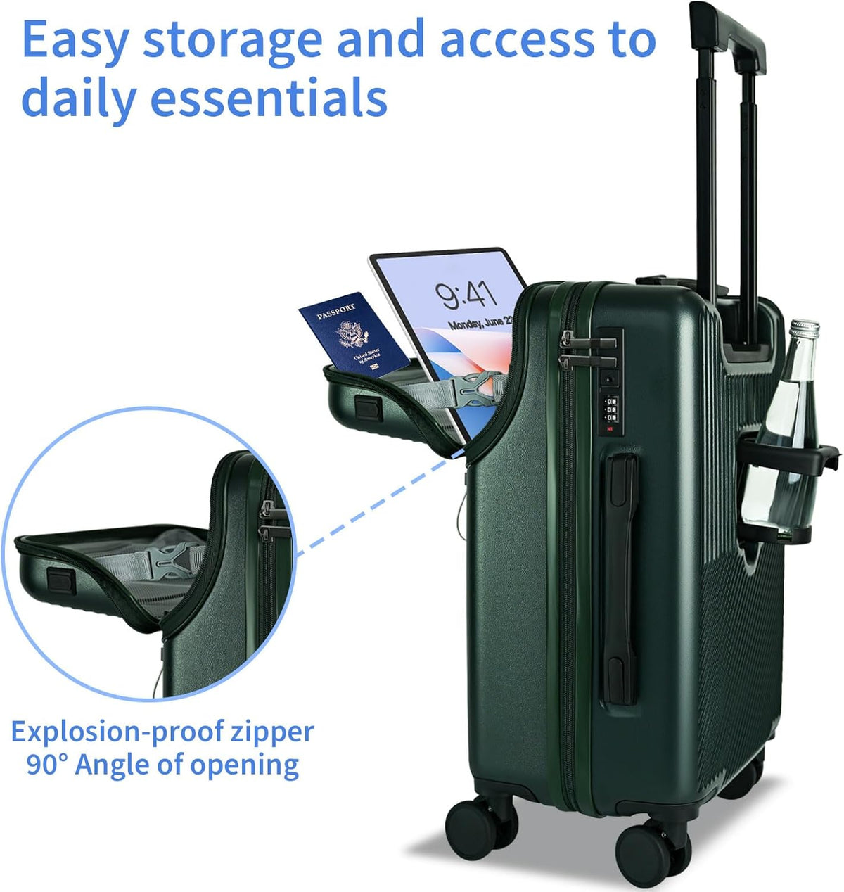 Carry on Luggage Airline Approved, Carry-on Luggage for The Business Trip with Front Pocket, 20 inch Hardshell PC Carry on Suitcases with Wheels, Combination Lock, USB Port and Cup Holder