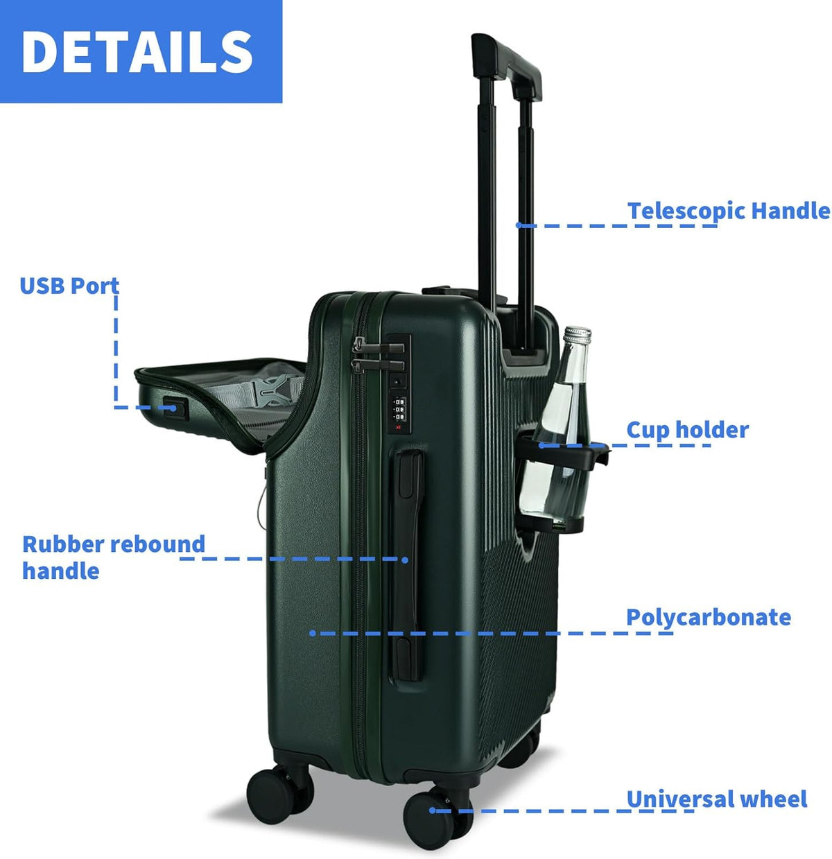 Carry on Luggage Airline Approved, Carry-on Luggage for The Business Trip with Front Pocket, 20 inch Hardshell PC Carry on Suitcases with Wheels, Combination Lock, USB Port and Cup Holder
