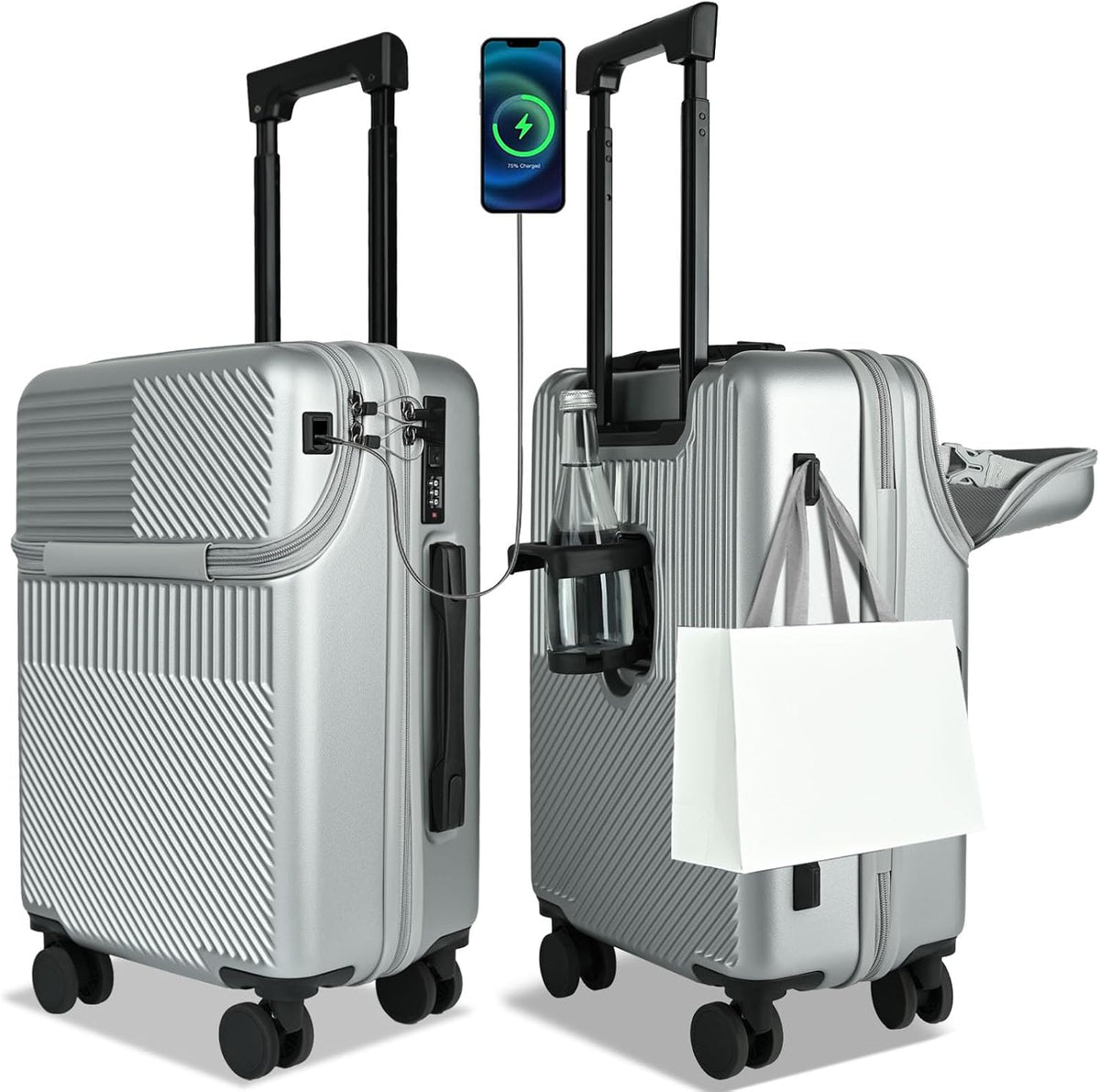 Carry on Luggage Airline Approved, Carry-on Luggage for The Business Trip with Front Pocket, 20 inch Hardshell PC Carry on Suitcases with Wheels, Combination Lock, USB Port and Cup Holder