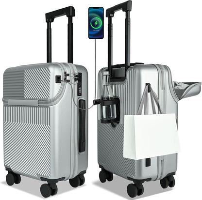Carry on Luggage Airline Approved, Carry-on Luggage for The Business Trip with Front Pocket, 20 inch Hardshell PC Carry on Suitcases with Wheels, Combination Lock, USB Port and Cup Holder