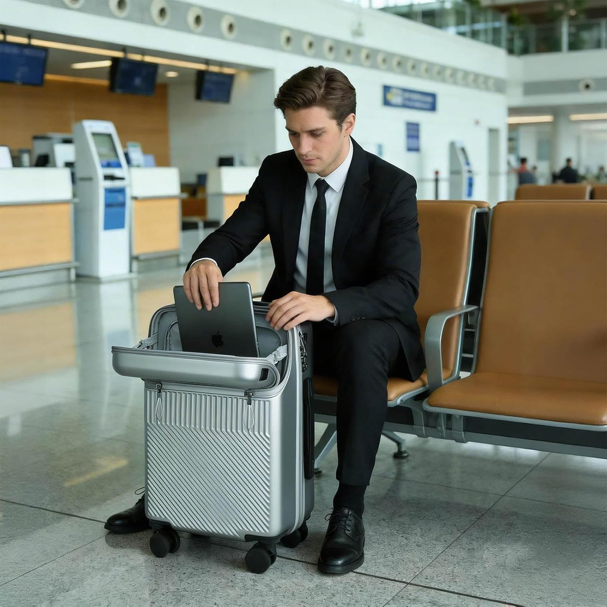 Carry on Luggage Airline Approved, Carry-on Luggage for The Business Trip with Front Pocket, 20 inch Hardshell PC Carry on Suitcases with Wheels, Combination Lock, USB Port and Cup Holder