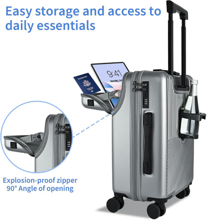 Carry on Luggage Airline Approved, Carry-on Luggage for The Business Trip with Front Pocket, 20 inch Hardshell PC Carry on Suitcases with Wheels, Combination Lock, USB Port and Cup Holder