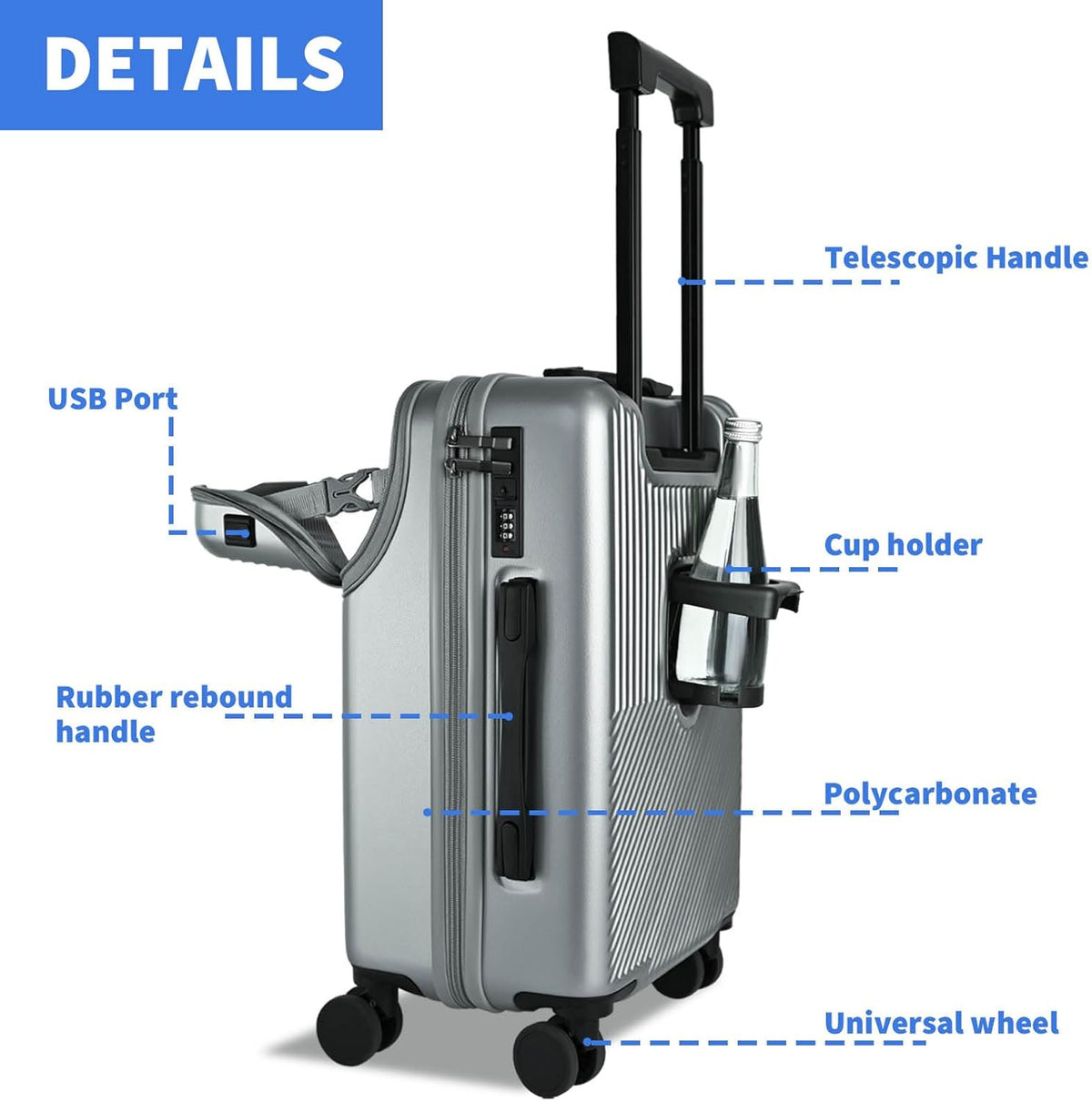 Carry on Luggage Airline Approved, Carry-on Luggage for The Business Trip with Front Pocket, 20 inch Hardshell PC Carry on Suitcases with Wheels, Combination Lock, USB Port and Cup Holder