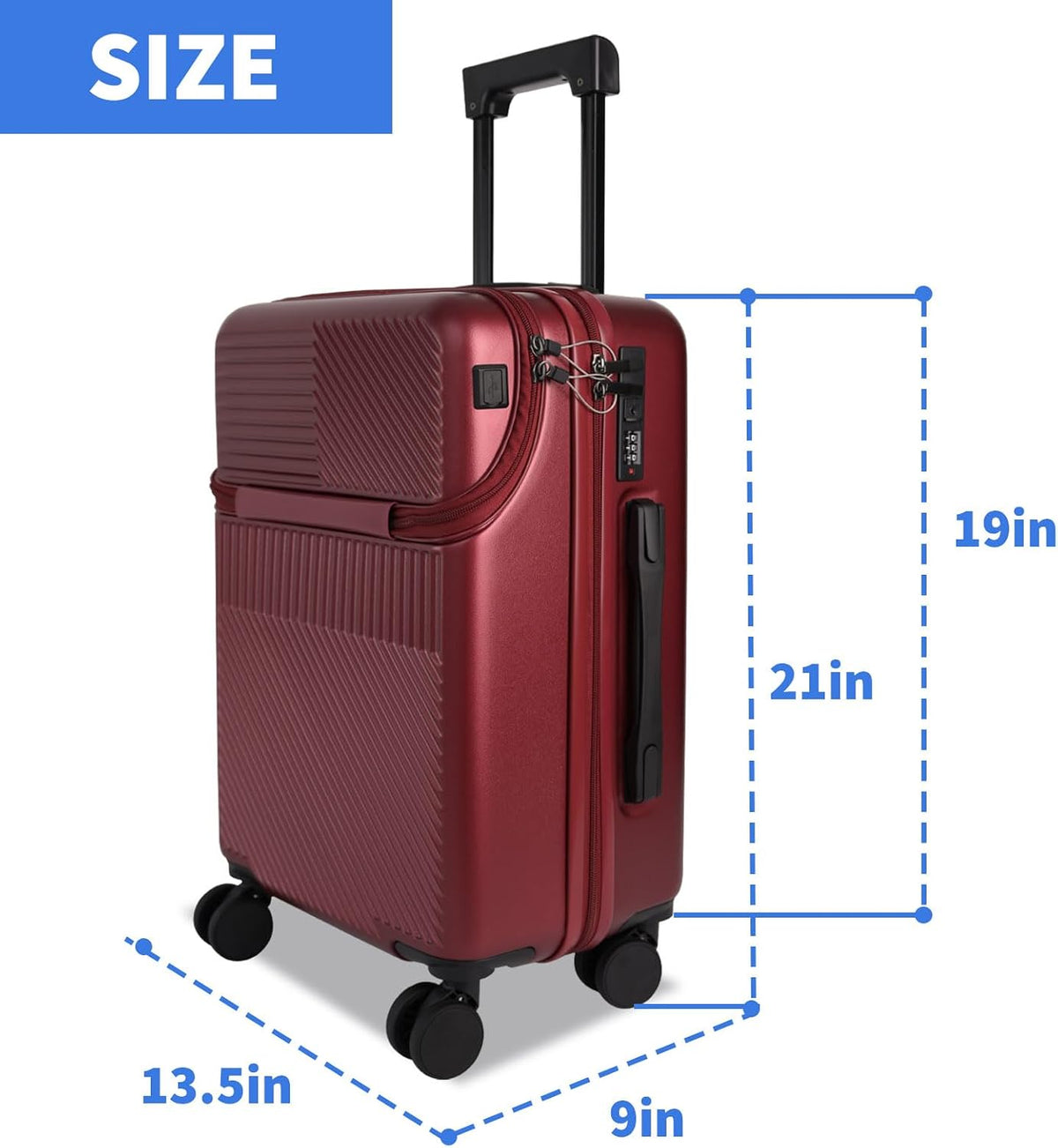 Carry on Luggage Airline Approved, Carry-on Luggage for The Business Trip with Front Pocket, 20 inch Hardshell PC Carry on Suitcases with Wheels, Combination Lock, USB Port and Cup Holder