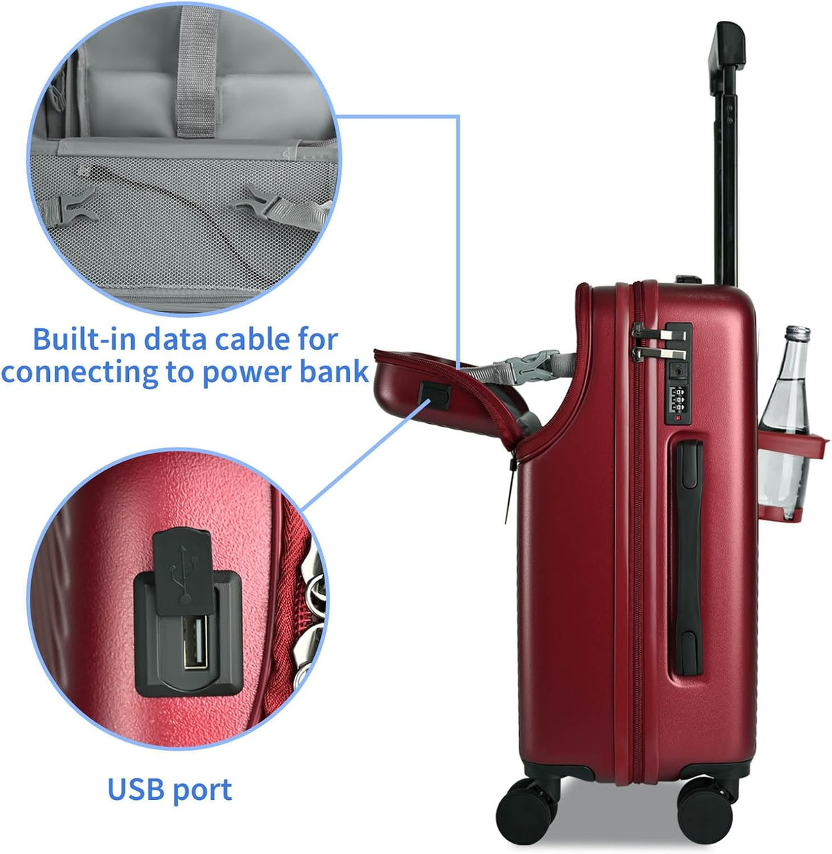 Carry on Luggage Airline Approved, Carry-on Luggage for The Business Trip with Front Pocket, 20 inch Hardshell PC Carry on Suitcases with Wheels, Combination Lock, USB Port and Cup Holder