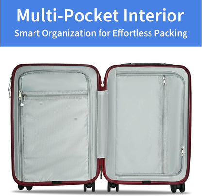 Carry on Luggage Airline Approved, Carry-on Luggage for The Business Trip with Front Pocket, 20 inch Hardshell PC Carry on Suitcases with Wheels, Combination Lock, USB Port and Cup Holder