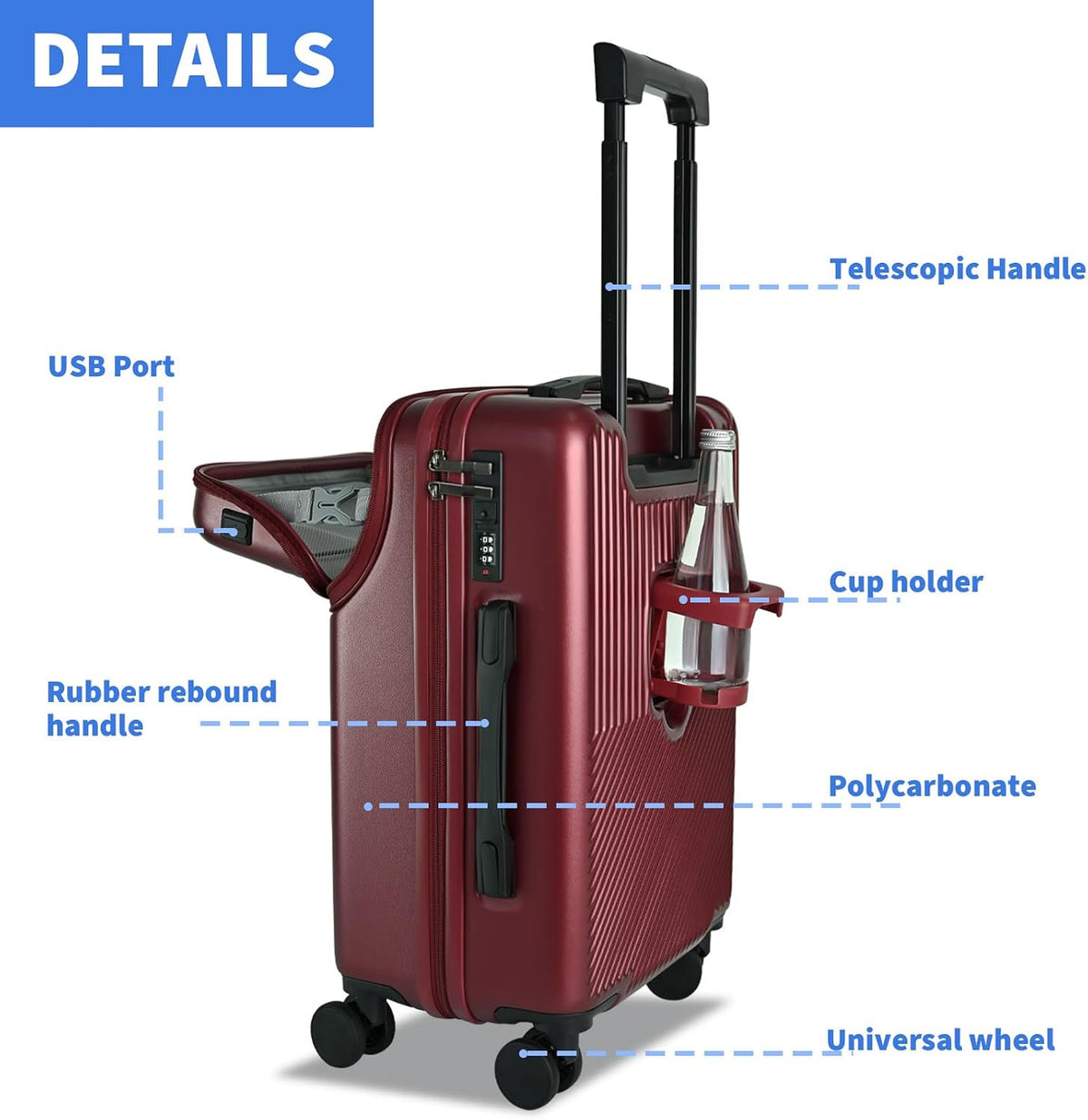 Carry on Luggage Airline Approved, Carry-on Luggage for The Business Trip with Front Pocket, 20 inch Hardshell PC Carry on Suitcases with Wheels, Combination Lock, USB Port and Cup Holder