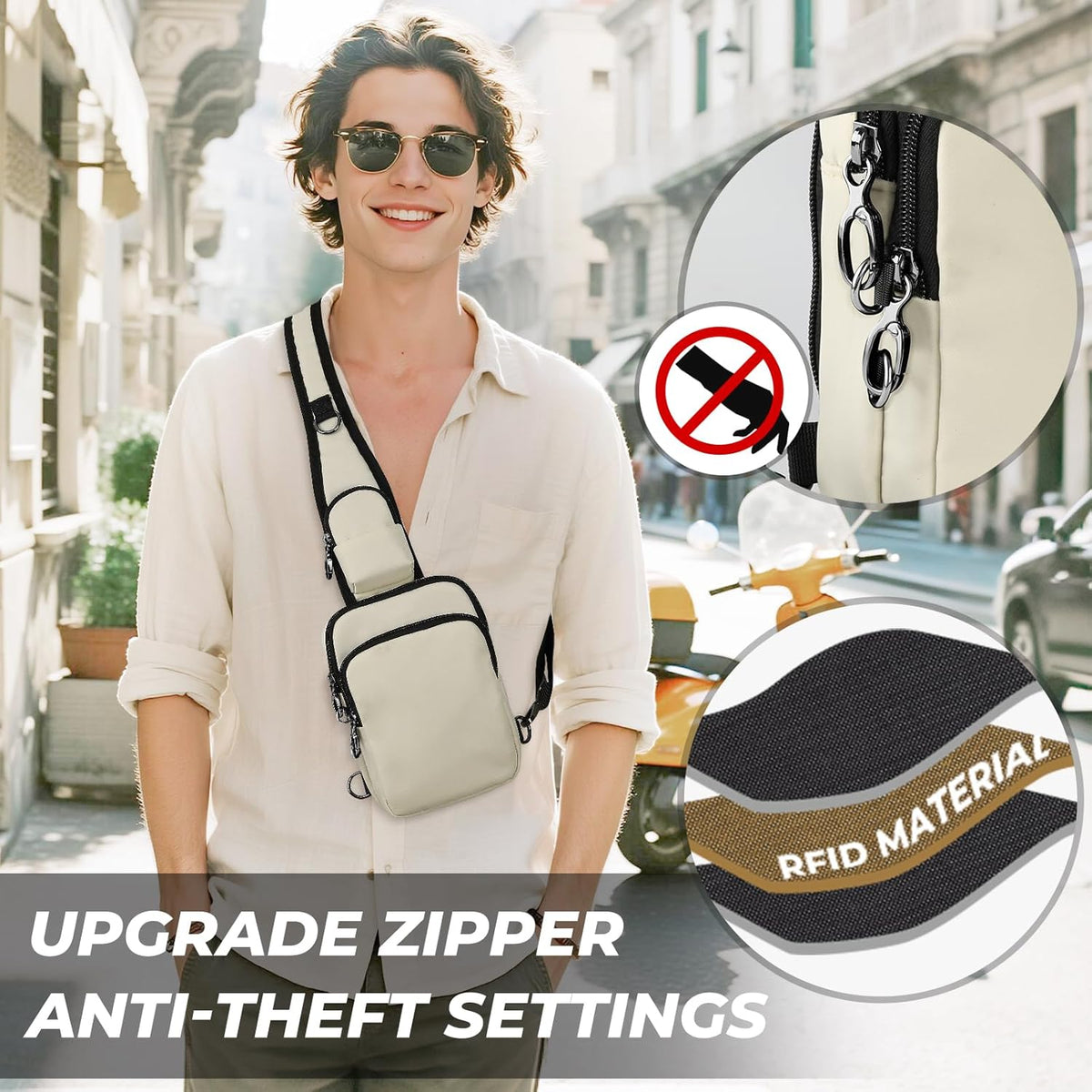 Crossbody Bag Anti Theft Sling Bag for Women Men RFID Blocking, Small Shoulder Chest Bags with Zipper Lock