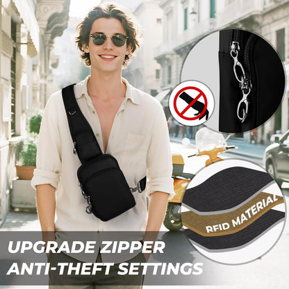 Crossbody Bag Anti Theft Sling Bag for Women Men RFID Blocking, Small Shoulder Chest Bags with Zipper Lock