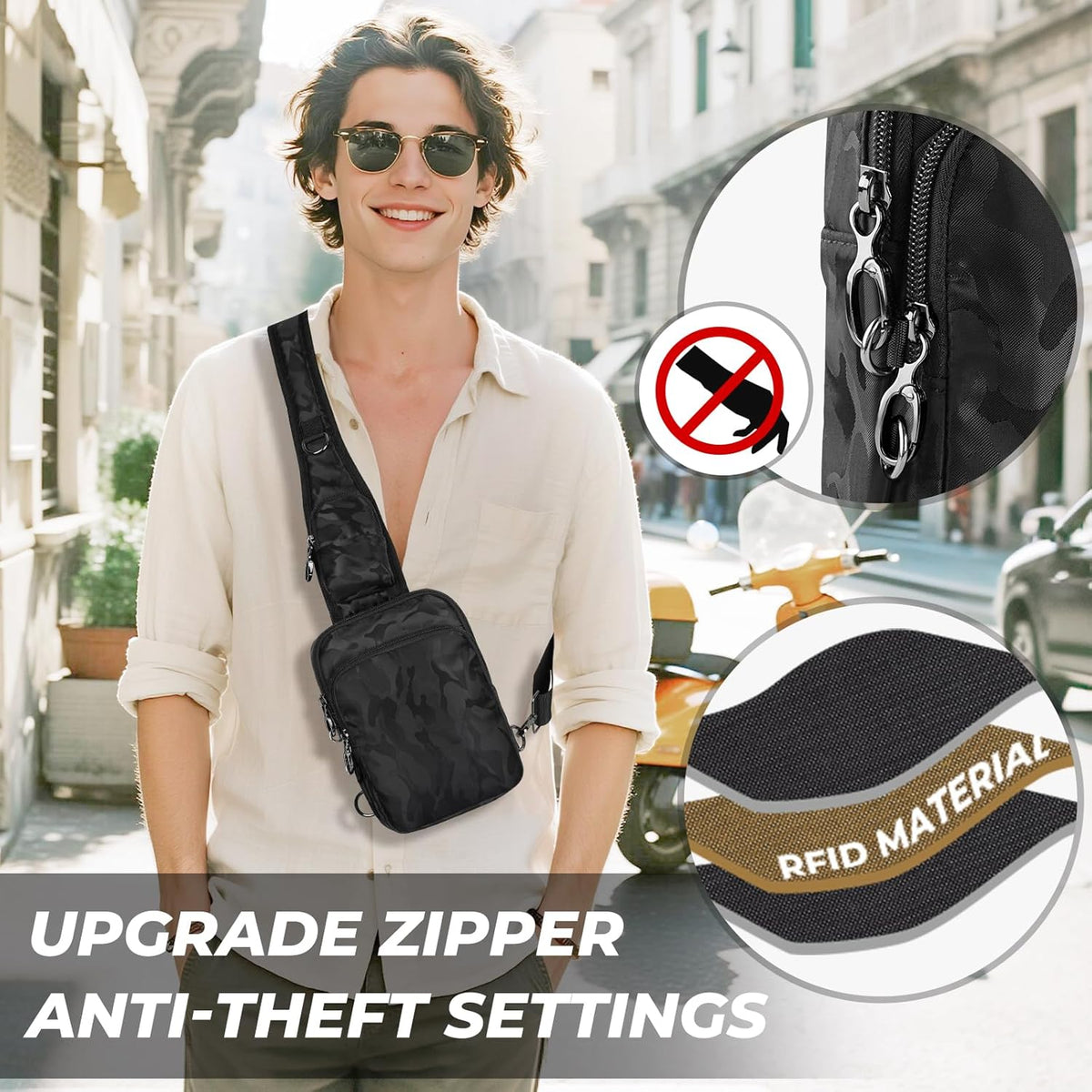 Crossbody Bag Anti Theft Sling Bag for Women Men RFID Blocking, Small Shoulder Chest Bags with Zipper Lock