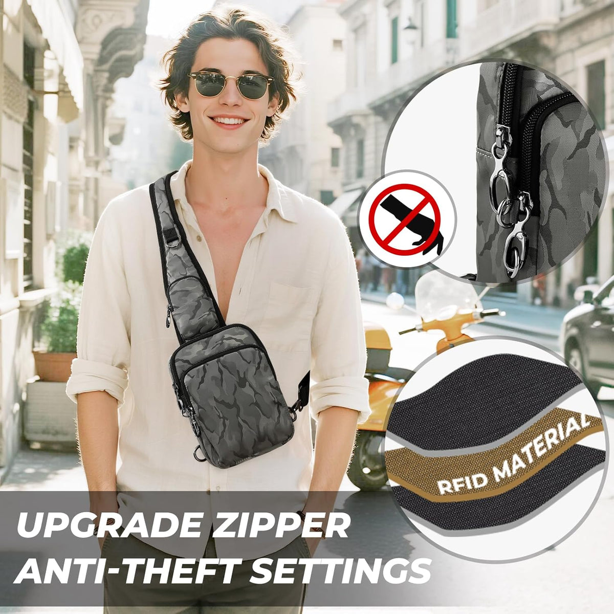 Crossbody Bag Anti Theft Sling Bag for Women Men RFID Blocking, Small Shoulder Chest Bags with Zipper Lock