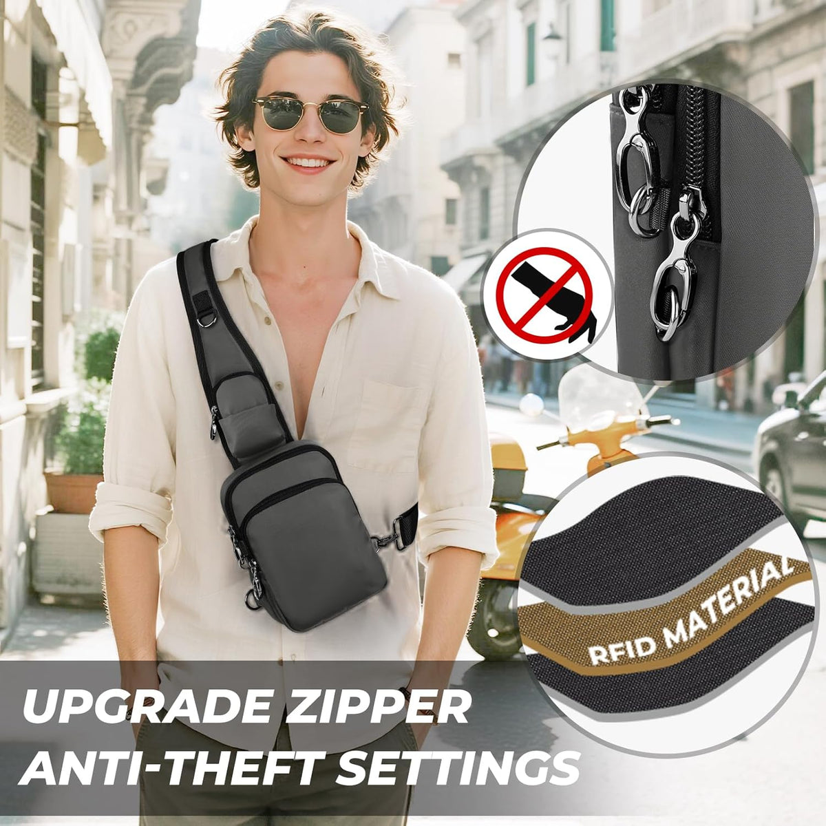 Crossbody Bag Anti Theft Sling Bag for Women Men RFID Blocking, Small Shoulder Chest Bags with Zipper Lock
