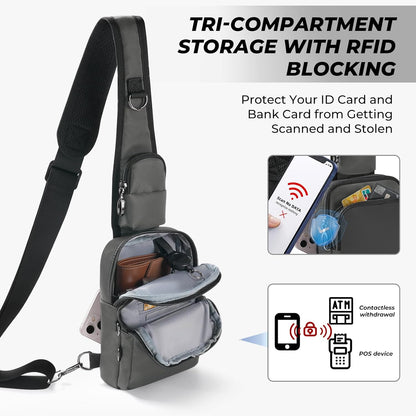 Crossbody Bag Anti Theft Sling Bag for Women Men RFID Blocking, Small Shoulder Chest Bags with Zipper Lock