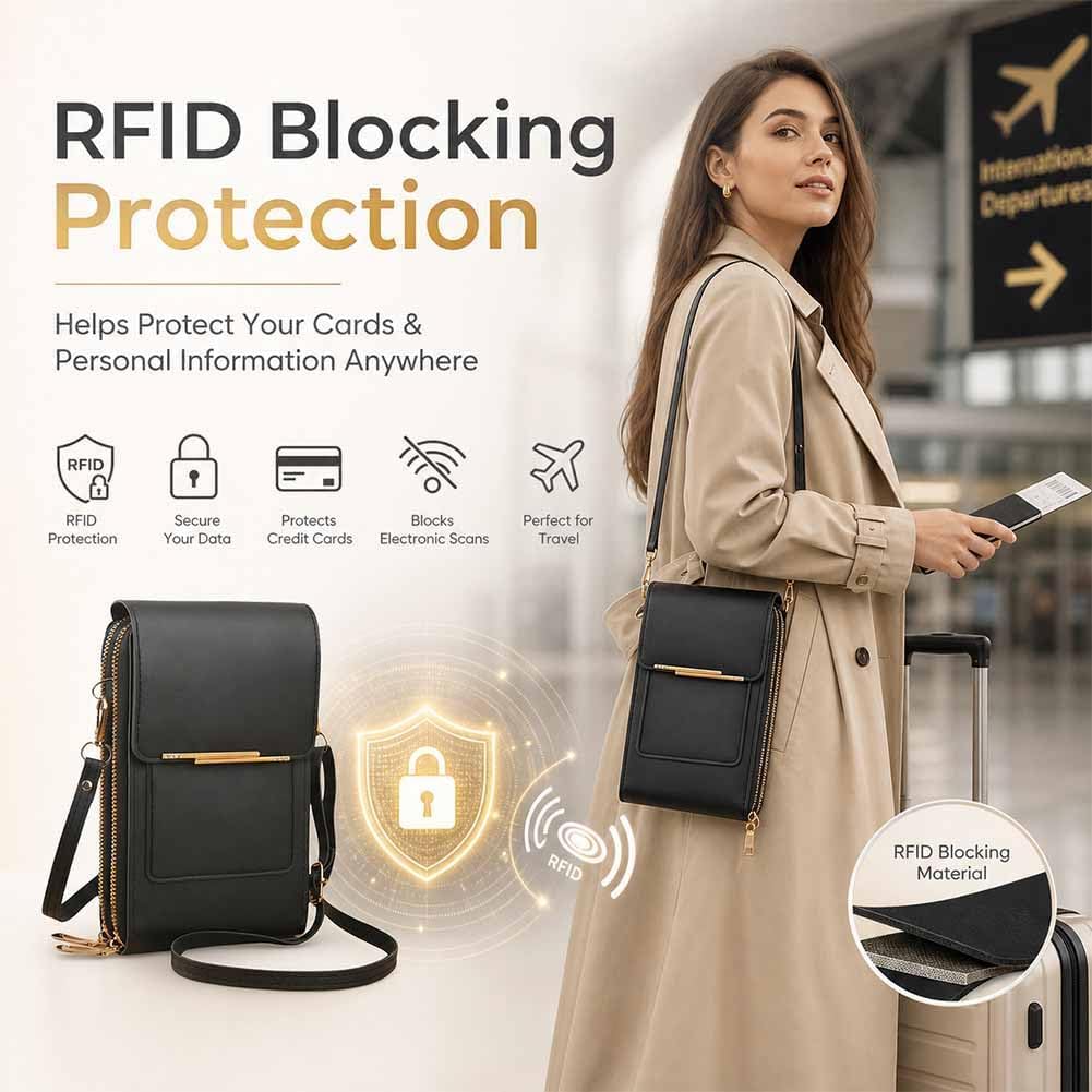 Anti-theft leather bag, Women's Touch Screen Mobile Phone Messenger bag, RFID Block Mobile Phone Purse