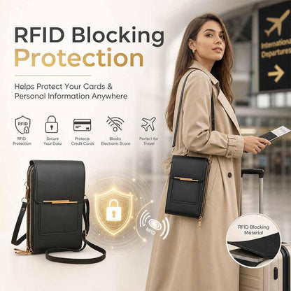 Anti-theft leather bag, Women's Touch Screen Mobile Phone Messenger bag, RFID Block Mobile Phone Purse