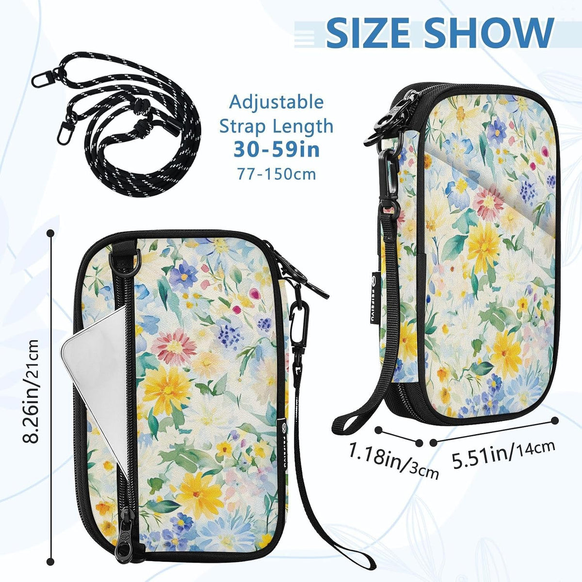 Multi-Slot Travel Document Organizer 8.26×5.51×1.18 In | Water Resistant Oxford Pen Loop Detachable Strap for Men Women Daily Use Summer Meadow Blooms