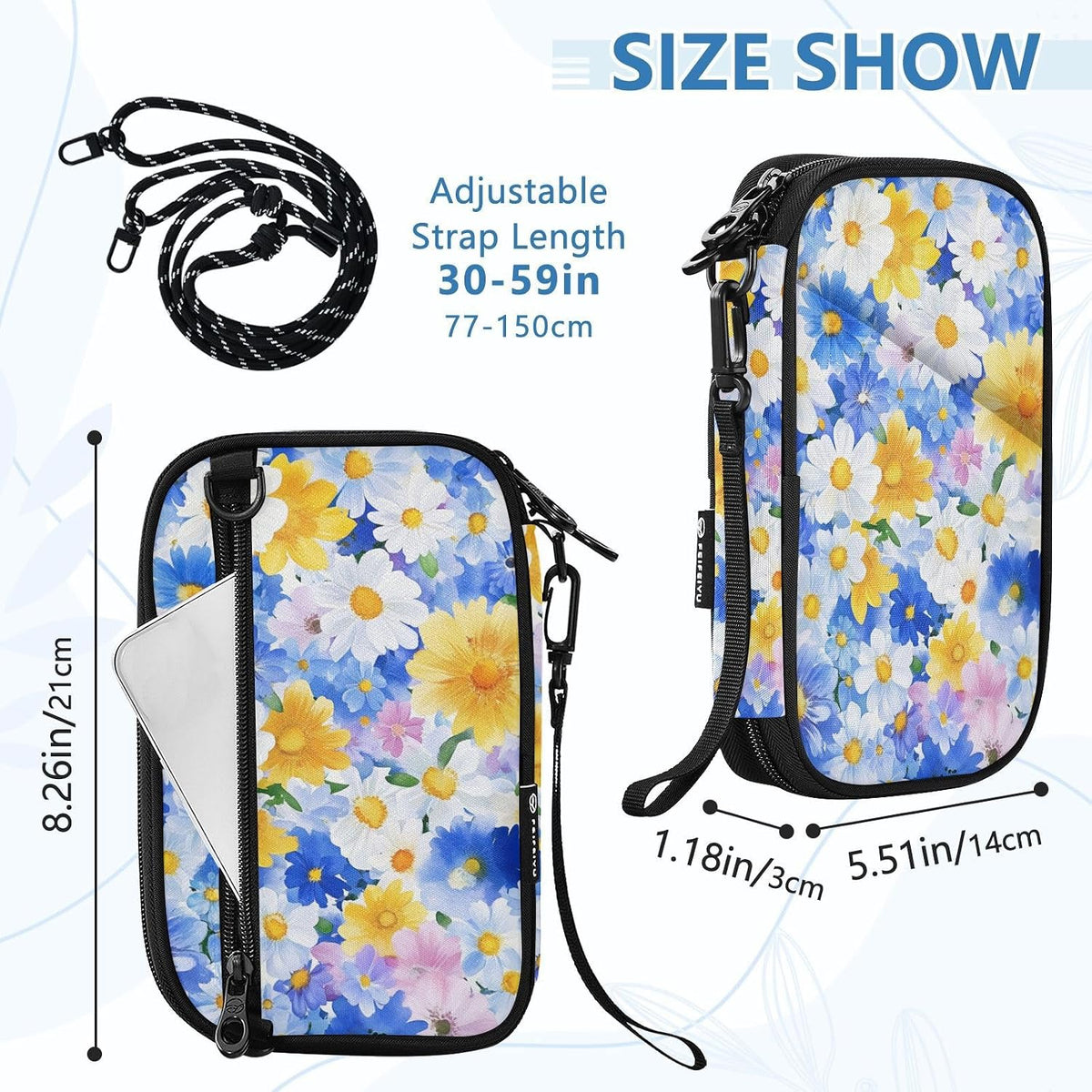 Multi-Slot Travel Document Organizer 8.26×5.51×1.18 In | Water Resistant Oxford Pen Loop Detachable Strap for Men Women Daily Use Summer Meadow Blooms