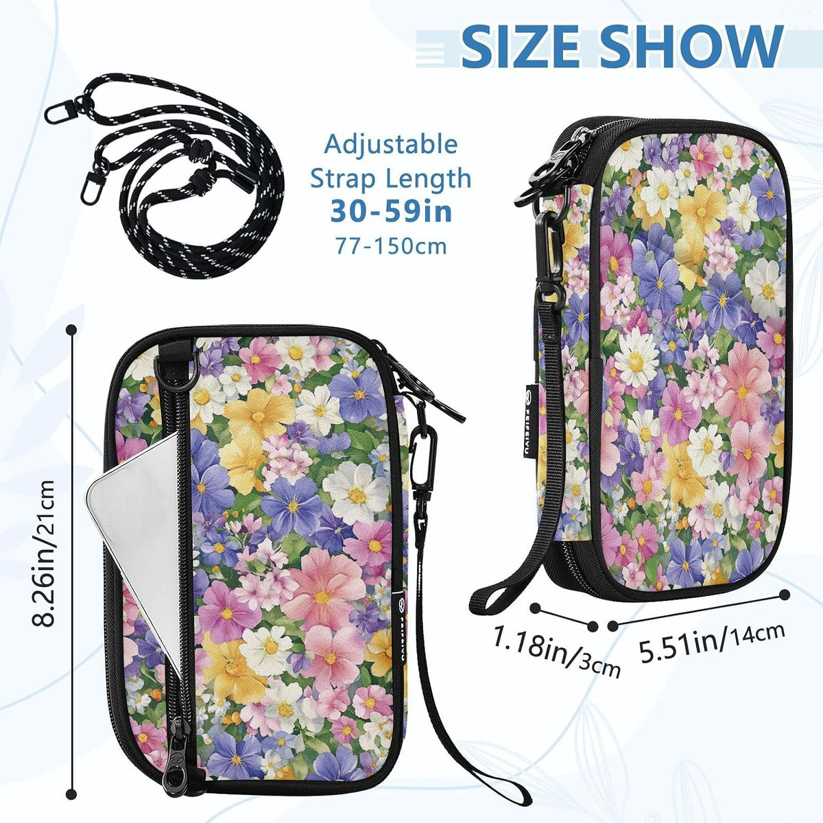 Multi-Slot Travel Document Organizer 8.26×5.51×1.18 In | Water Resistant Oxford Pen Loop Detachable Strap for Men Women Daily Use Summer Meadow Blooms