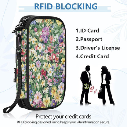 Multi-Slot Travel Document Organizer 8.26×5.51×1.18 In | Water Resistant Oxford Pen Loop Detachable Strap for Men Women Daily Use Summer Meadow Blooms