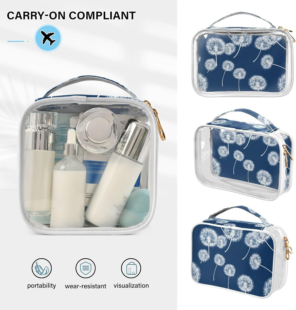 Clear Makeup Bag Approved Clear Travel Toiletry Bag with Zipper Waterproof Organizer Bags Transparent Cosmetic Pouch Traveling 2Pack Tile Color - Colors B