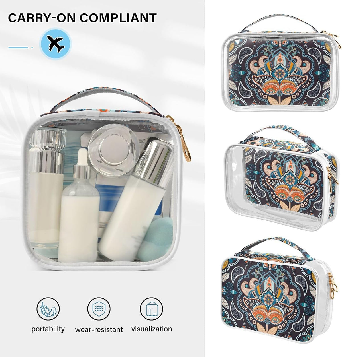 Clear Makeup Bag Approved Clear Travel Toiletry Bag with Zipper Waterproof Organizer Bags Transparent Cosmetic Pouch Traveling 2Pack Tile Color - Colors B