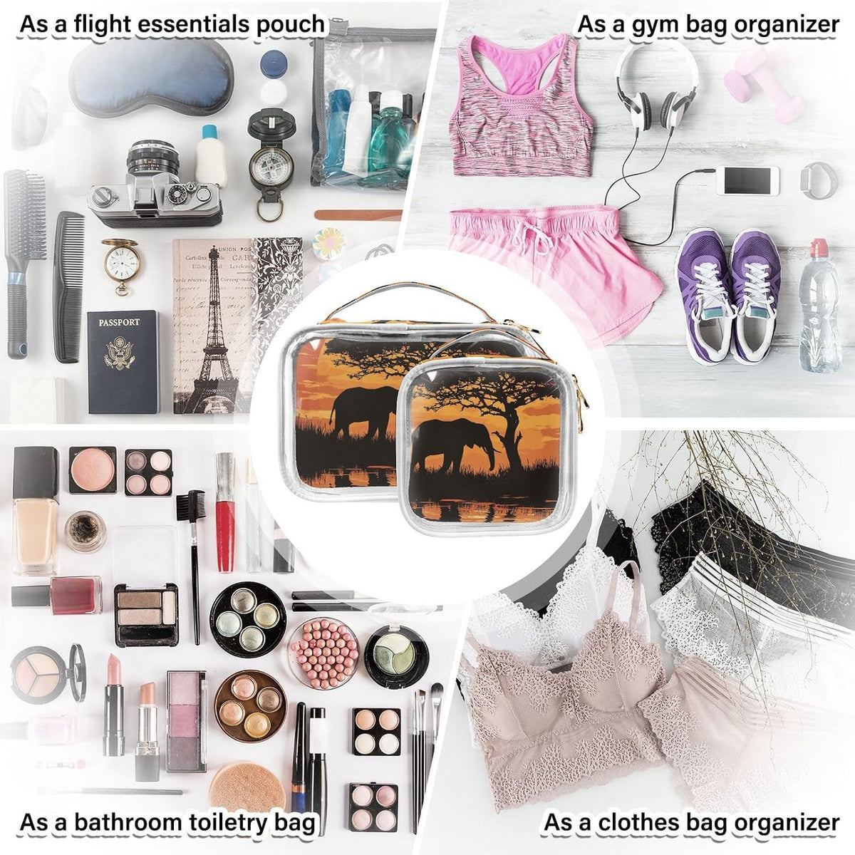 Clear Makeup Bag Approved Clear Travel Toiletry Bag with Zipper Waterproof Organizer Bags Transparent Cosmetic Pouch Traveling 2Pack Tile Color - Colors B