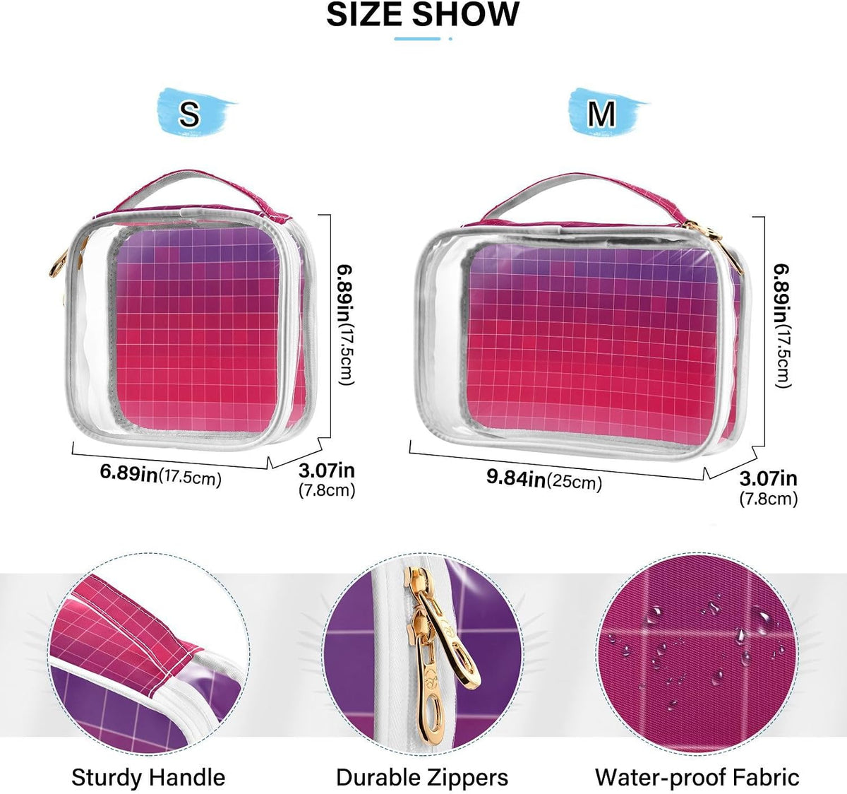 Clear Makeup Bag Approved Clear Travel Toiletry Bag with Zipper Waterproof Organizer Bags Transparent Cosmetic Pouch Traveling 2Pack Tile Color - Colors B