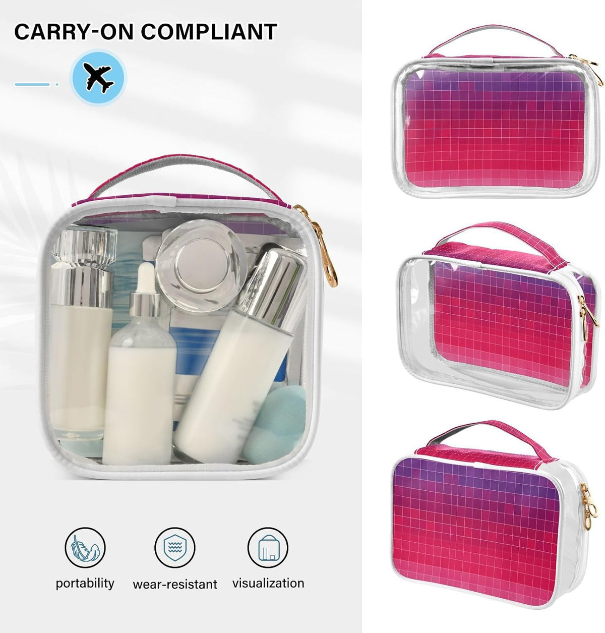 Clear Makeup Bag Approved Clear Travel Toiletry Bag with Zipper Waterproof Organizer Bags Transparent Cosmetic Pouch Traveling 2Pack Tile Color - Colors B