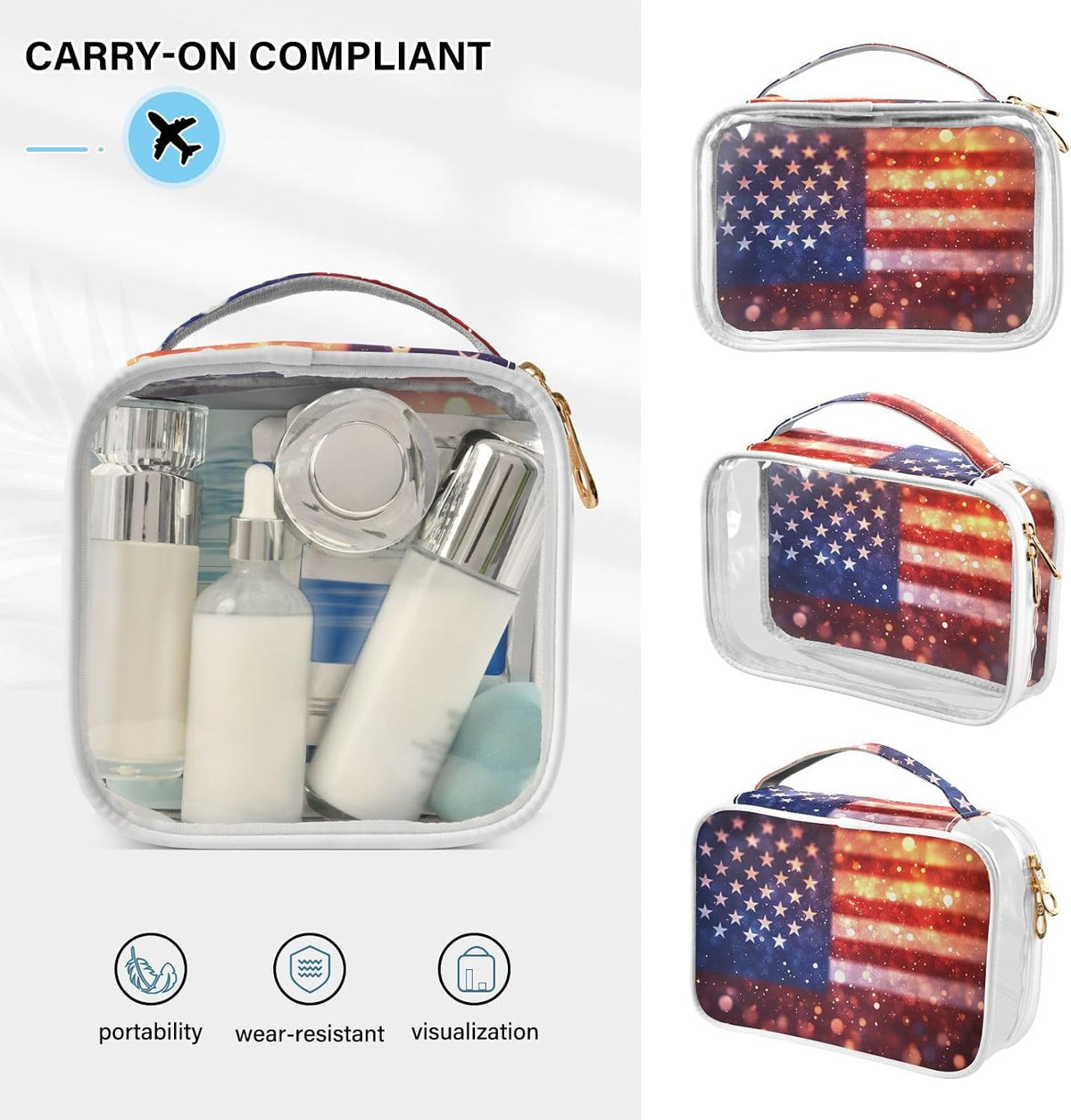 Clear Makeup Bag Approved Clear Travel Toiletry Bag with Zipper Waterproof Organizer Bags Transparent Cosmetic Pouch Traveling 2Pack Tile Color - Colors B