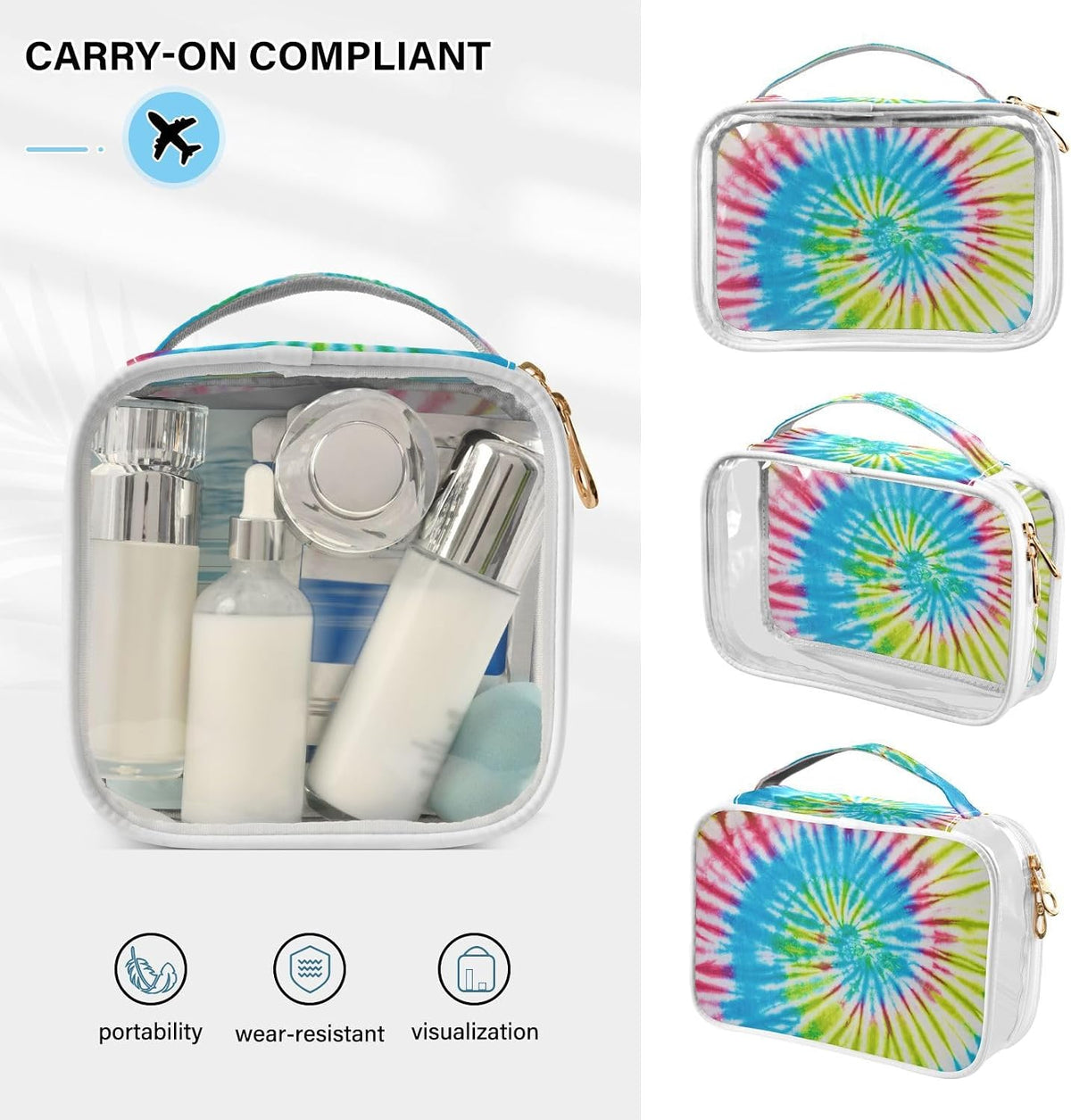 Clear Makeup Bag Approved Clear Travel Toiletry Bag with Zipper Waterproof Organizer Bags Transparent Cosmetic Pouch Traveling 2Pack Tile Color - Colors B