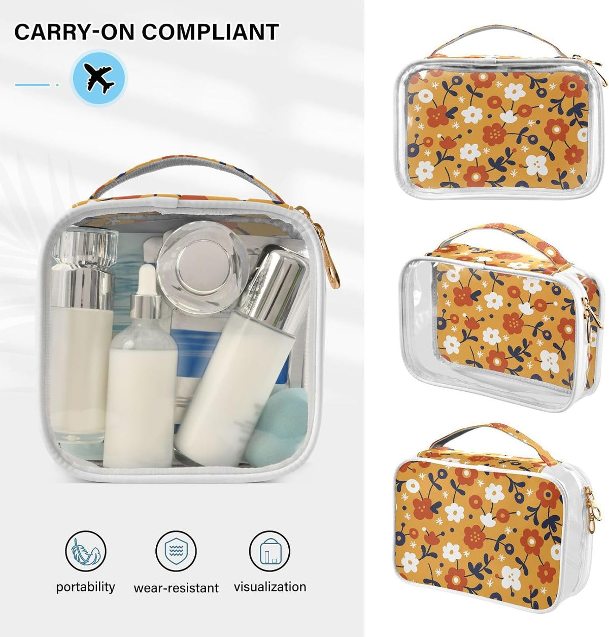 Clear Makeup Bag Approved Clear Travel Toiletry Bag with Zipper Waterproof Organizer Bags Transparent Cosmetic Pouch Traveling 2Pack Tile Color - Colors B